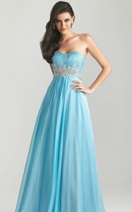 Chiffon Strapless Blue Embellished Waist Long Prom Dress